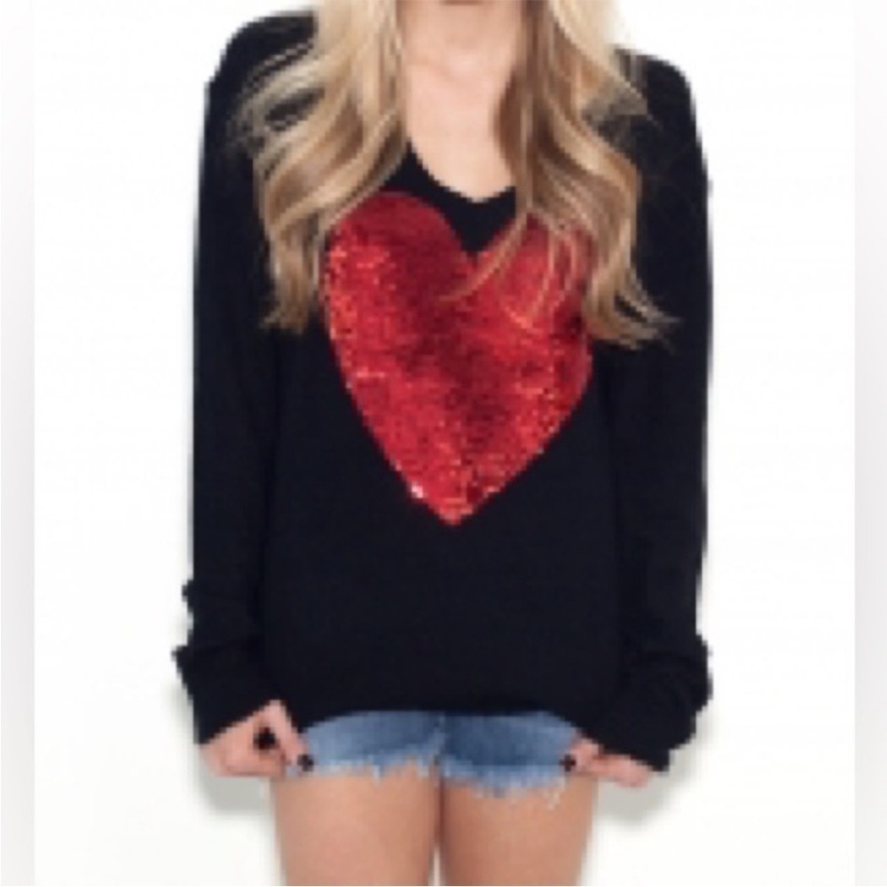 Wild Fox White Label Black Sweater Red Sequin Heart Medium - Picture 9 of 9